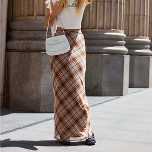 12th Tribe Julia Brown Plaid Mesh Maxi Skirt